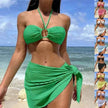 3pcs Solid Color Stripe Swimsuit Charming Summer Beach Bikini Set Womens Clothing