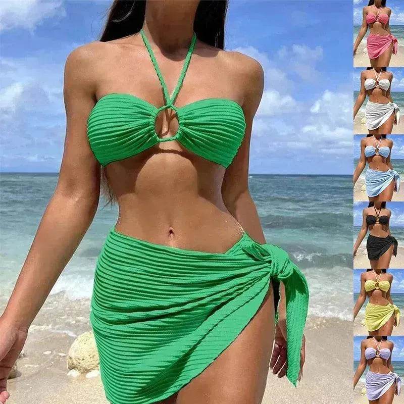 3pcs Solid Color Stripe Swimsuit Charming Summer Beach Bikini Set Womens Clothing
