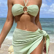 3pcs Solid Color Stripe Swimsuit Charming Summer Beach Bikini Set Womens Clothing