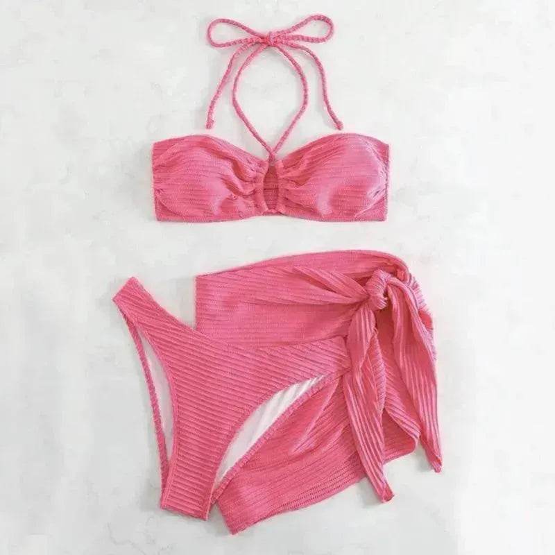 3pcs Solid Color Stripe Swimsuit Charming Summer Beach Bikini Set Womens Clothing