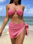 3pcs Solid Color Stripe Swimsuit Charming Summer Beach Bikini Set Womens Clothing