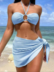 3pcs Solid Color Stripe Swimsuit Charming Summer Beach Bikini Set Womens Clothing