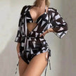 3pcs V-neck Swimsuit Suits Summer Leaf Print Waist-tie Bikini Fashion Long-sleeved Beach Sun-protection Clothing Womens