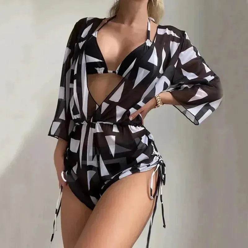 3pcs V-neck Swimsuit Suits Summer Leaf Print Waist-tie Bikini Fashion Long-sleeved Beach Sun-protection Clothing Womens