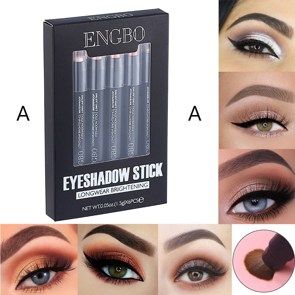 ENGBO 6-Piece Pearlescent Eyeshadow Stick Set – Longwear Brightening, Waterproof
