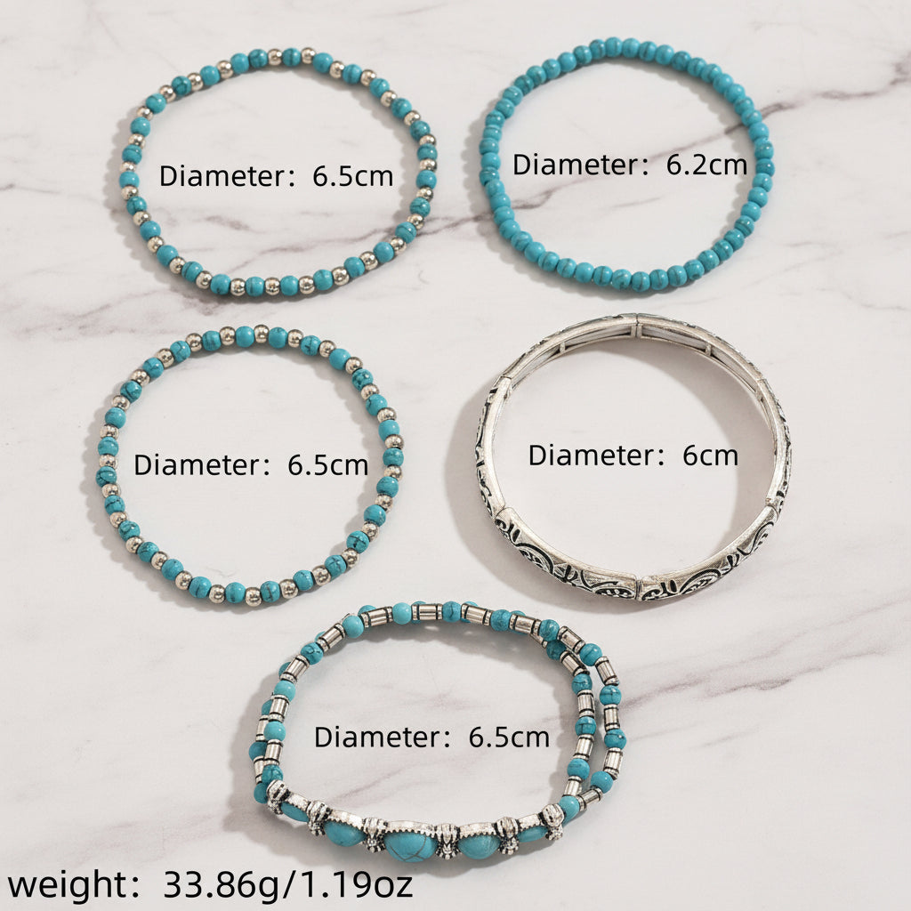 Turquoise Beaded Bow Bracelet Set for Women – 5-Piece Vintage Boho Stack