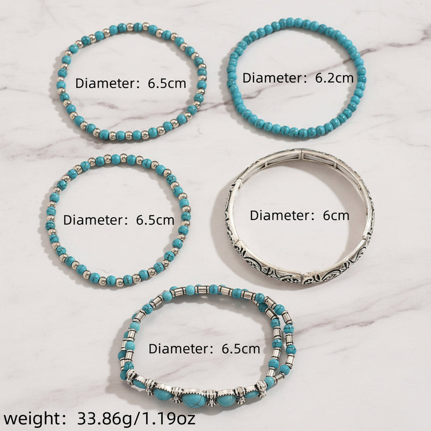 Turquoise Beaded Bow Bracelet Set for Women – 5-Piece Vintage Boho Stack