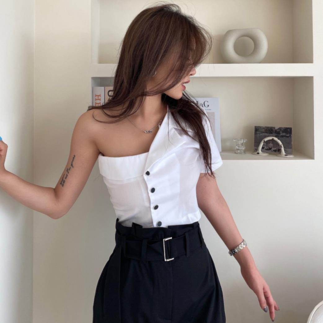 Summer Fashionable Irregular One-shoulder Design  Single-breasted blouse Shirt For Women