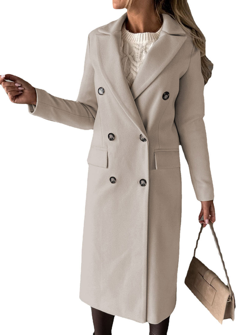Double Breasted Lapel Coat Winter Fashion Solid Slim Long Jacket Long Sleeve Tops Womens Clothing