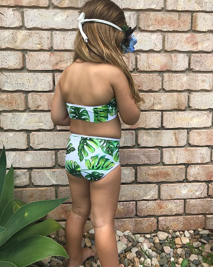 Baby Girls 2-Piece Split Swimsuit – Leaf Print Polyester Swimwear for Kids (80–120cm)
