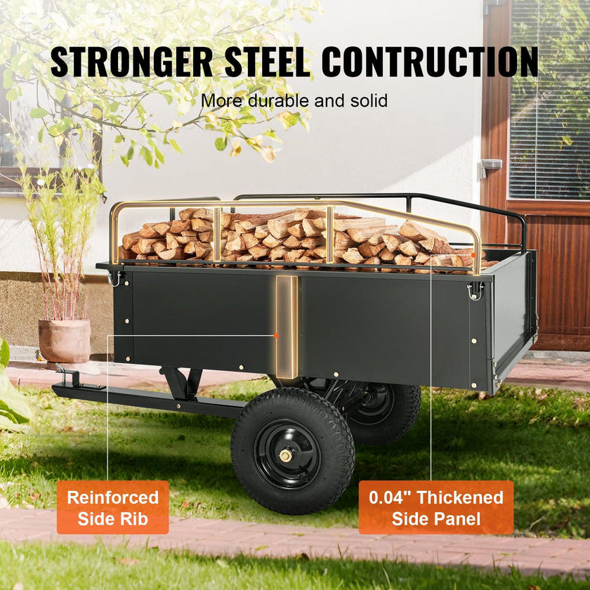 VEVOR Heavy Duty ATV Trailer Steel Dump Cart, 750-Pound 15 Cubic Feet, Garden Utility Trailer With Removable Sides For Riding Lawn Mower Tractor