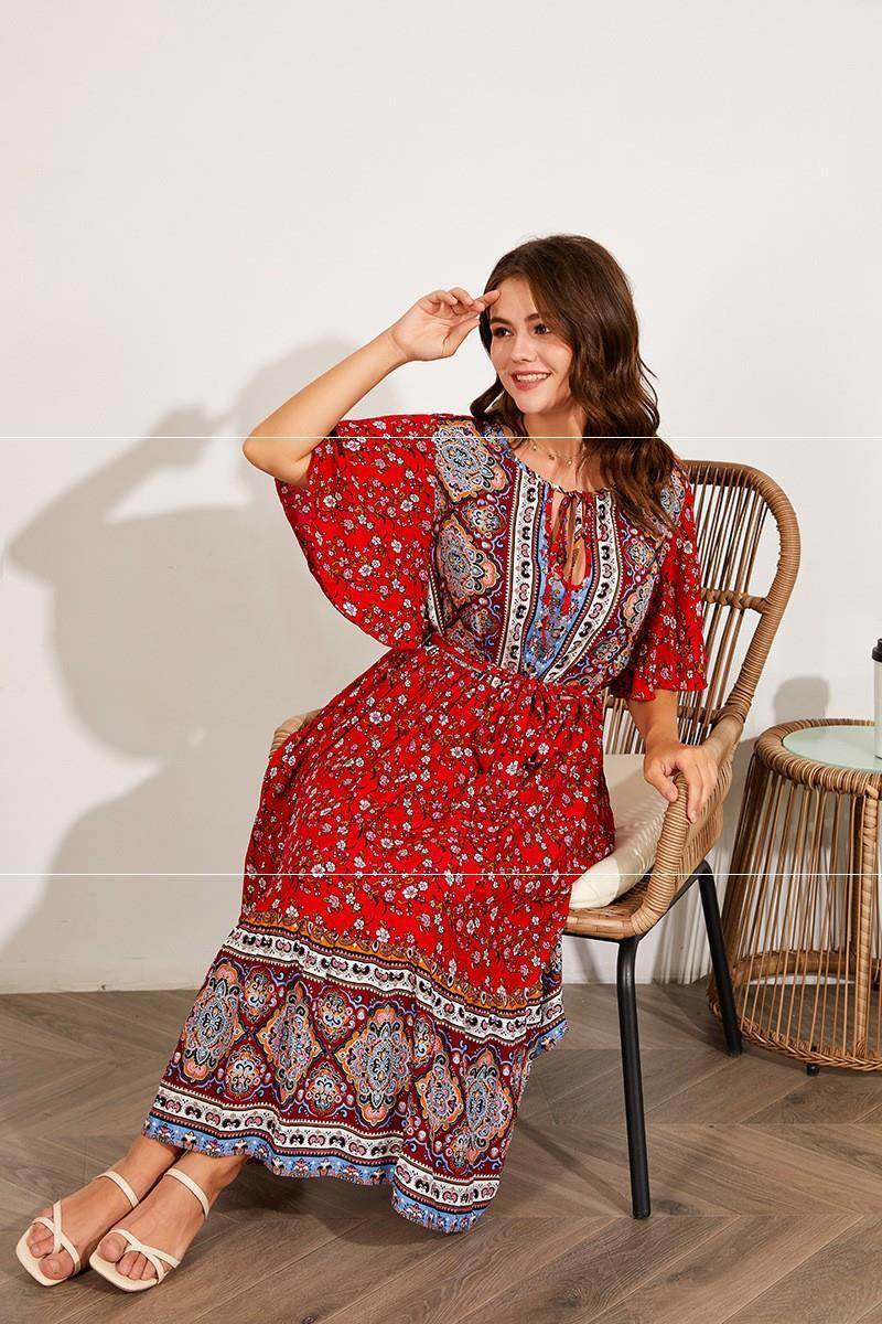 Modest Plus Size Summer dress V Neck Midi Beach boho Dress