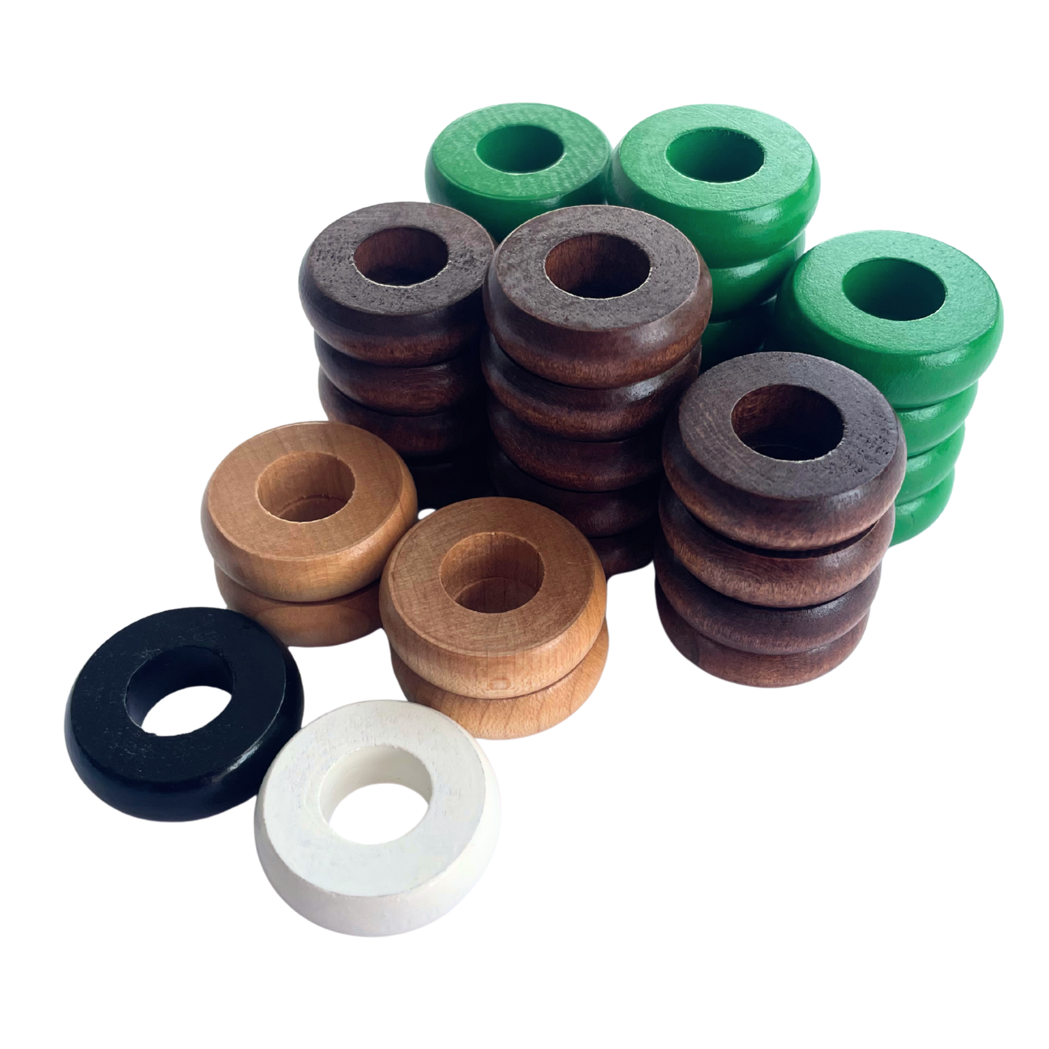 32 Green and Walnut Carrom / Pichenotte / Croquignole Rings - (Green / Walnut / Natural / Black / White) - Anneaux De Pichenottes - Game Accessories / Accessoires De Jeu