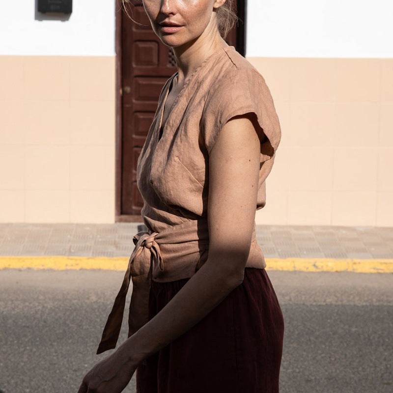 Women's Cotton Linen Lace-Up V-Neck Blouse