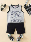 Summer Trendy Boys Letter Fist Print Sleeveless Casual Pants Suit Sleeveless two piece for boys Daddy and me outfit