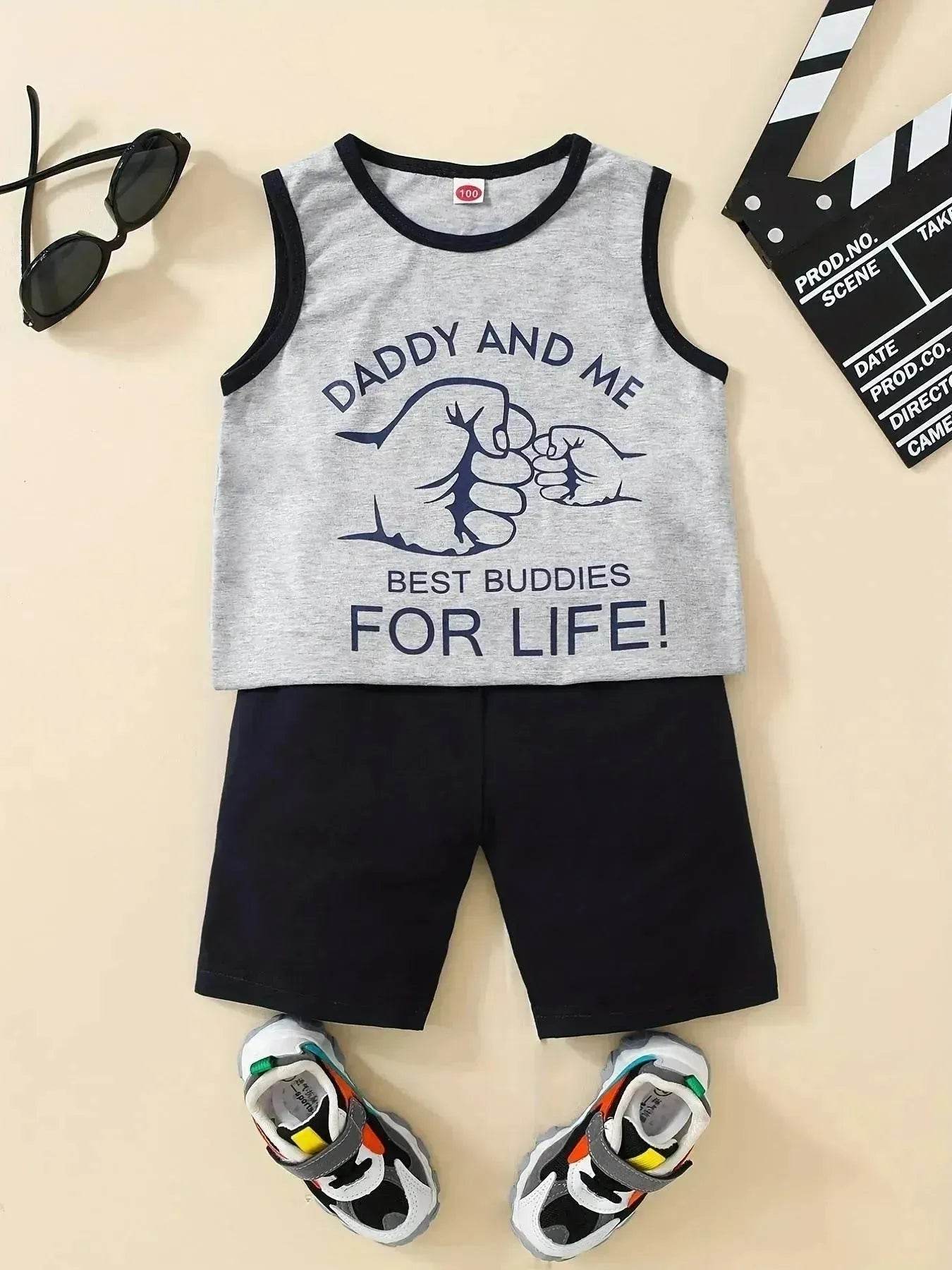 Summer Trendy Boys Letter Fist Print Sleeveless Casual Pants Suit Sleeveless two piece for boys Daddy and me outfit