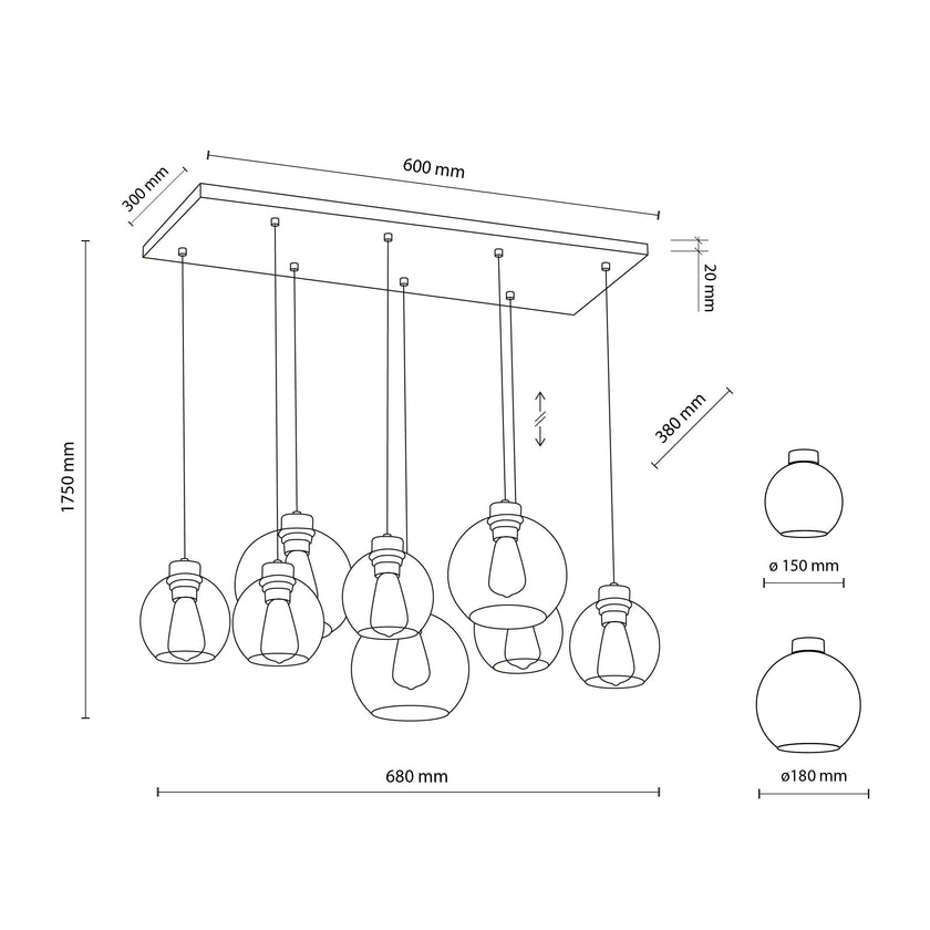 CUBUS Graphite Glass Scandinavian Pendant Light Fixture for Kitchen Island, Dining Room & Living Room (8-Light)