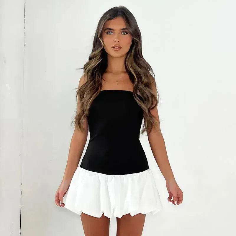 Chic Tube Top Dress Summer Solid Color Pleated Skirt Dress Women Fashion Short Mini Skater Dresses  Evening Party Cocktail Dress for Ladies