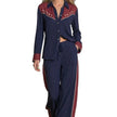 Women's Western Colorblock Lapel Shirt & Wide-Leg Pants Two-Piece Set – Navy Blue | Canada & USA