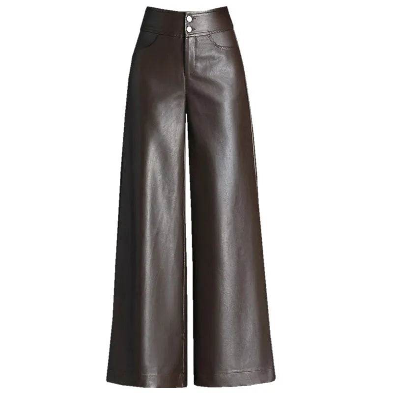 High Waist Thick Loose Big Leg Straight All-matching Wide Leg Leather trouser Pants For Women