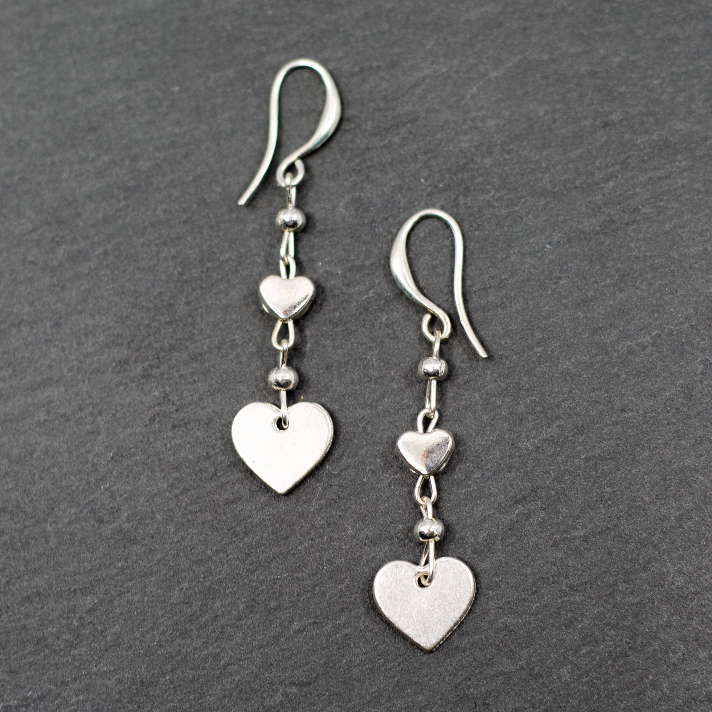 Silver Plate Double Drop Heart Charm Earrings