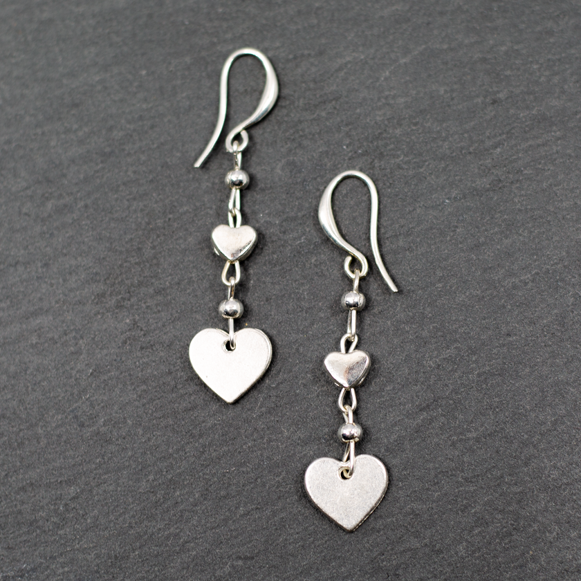 Silver Plate Double Drop Heart Charm Earrings