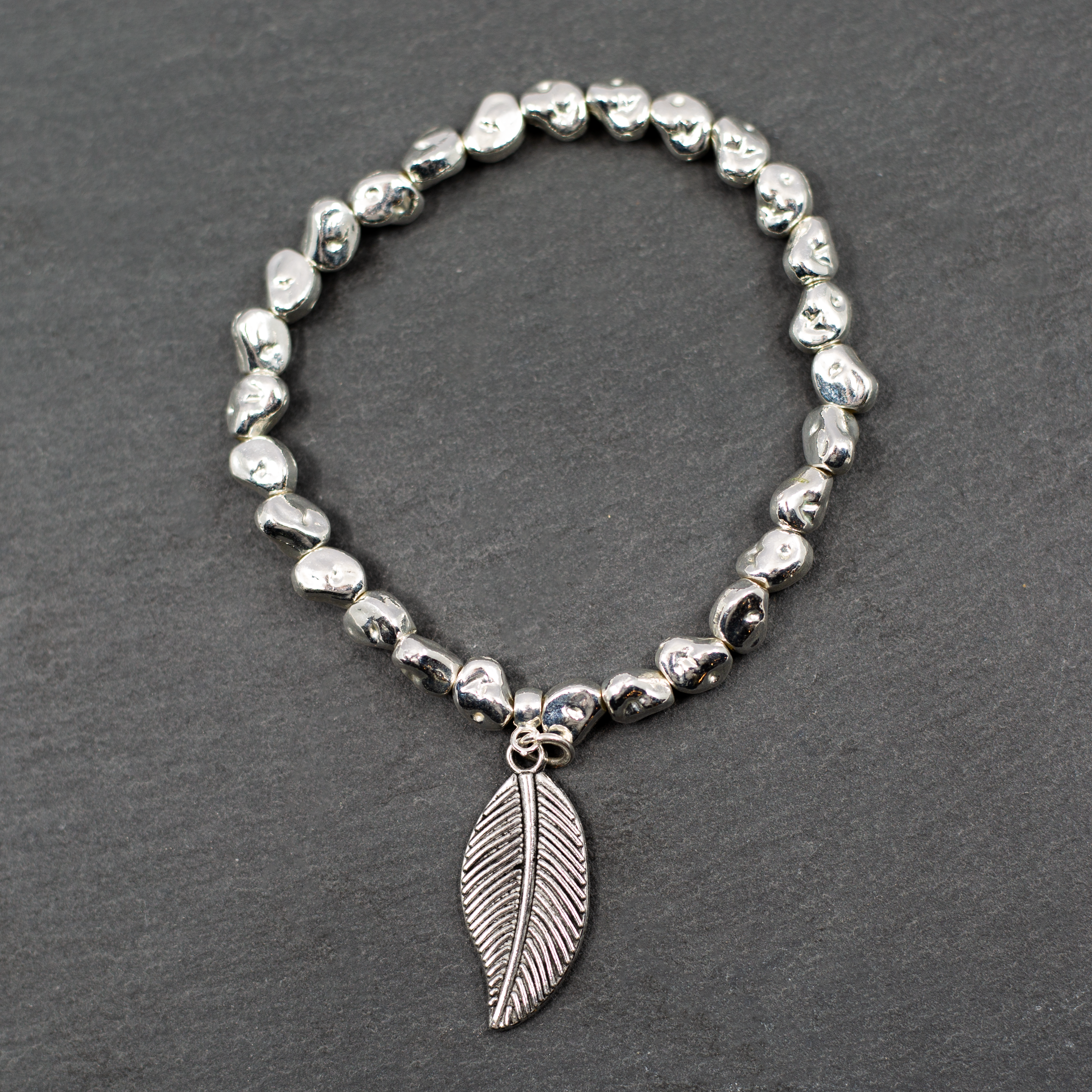 Leaf Charm Nugget Bracelet in Silver Plate
