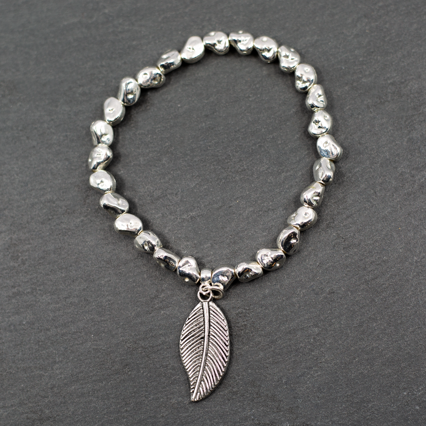 Leaf Charm Nugget Bracelet in Silver Plate