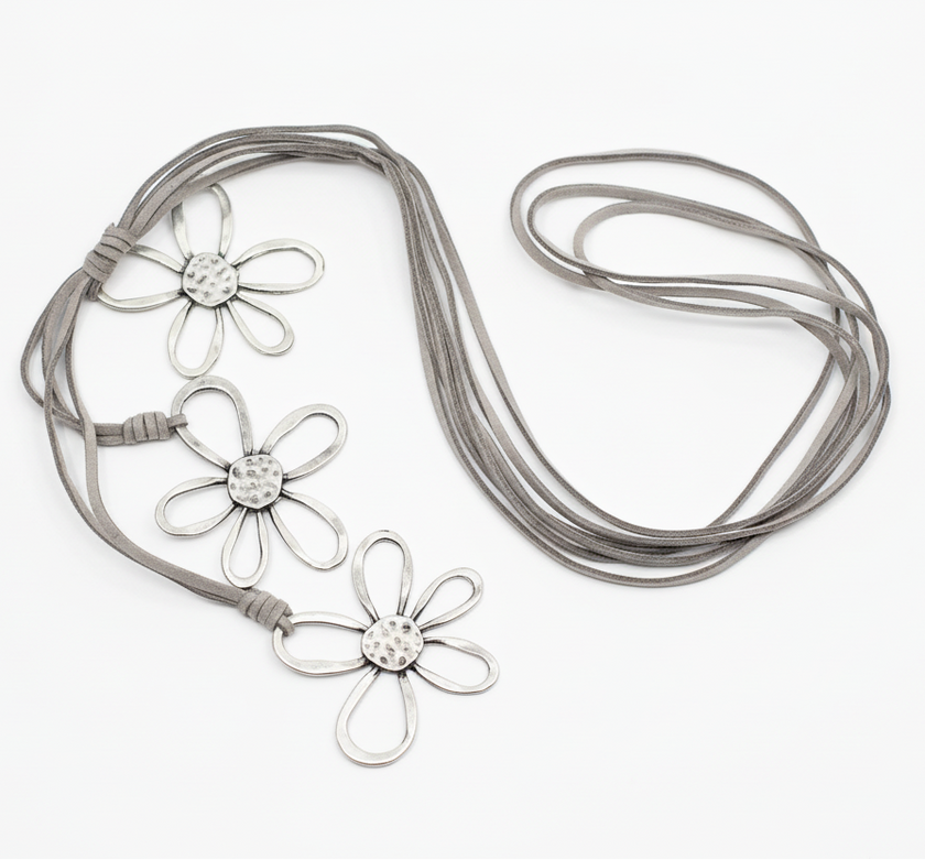 Silver Plate Triple Flower Necklace on Suede