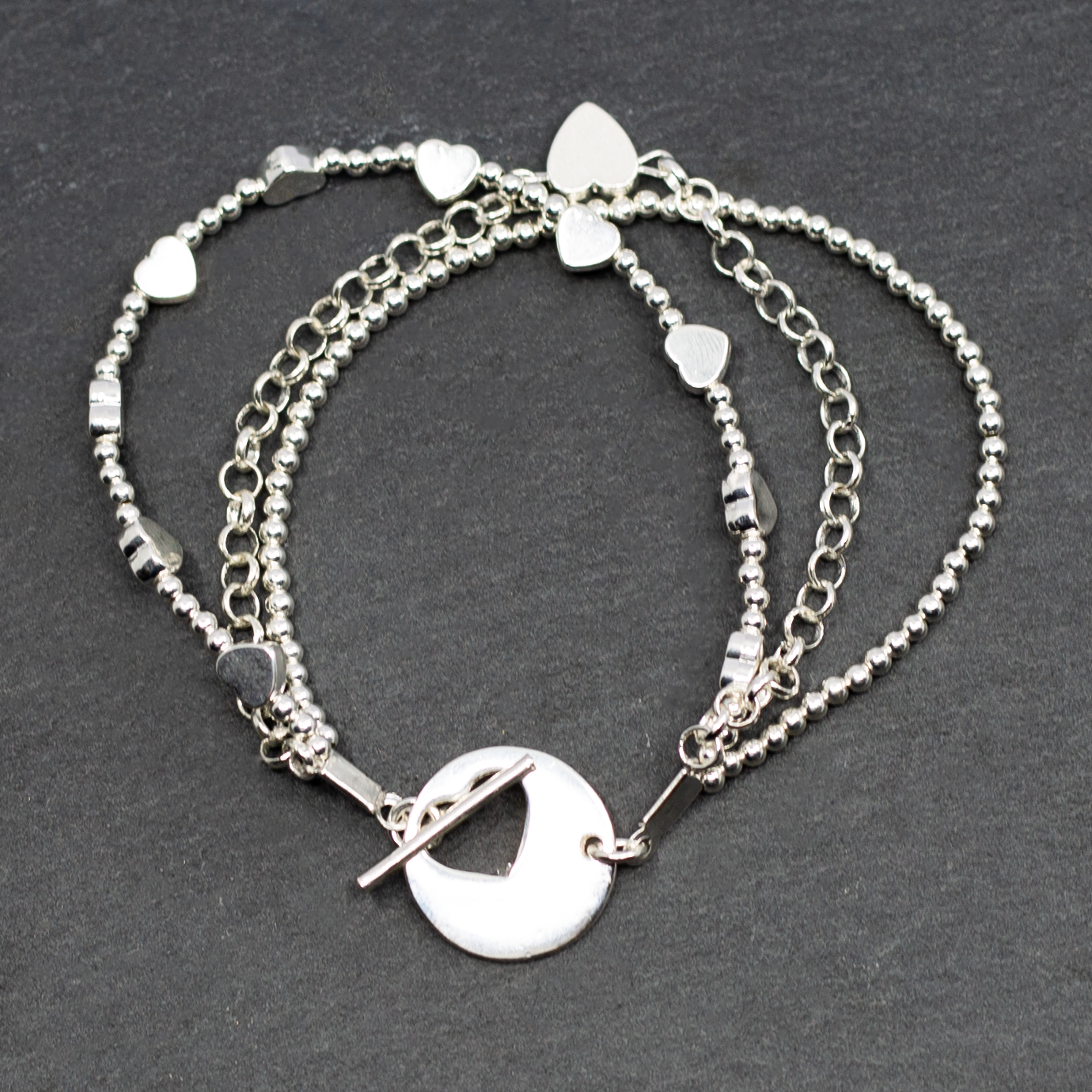 Silver Plate Multi Strand Heart Charm Bracelet With T-Bar