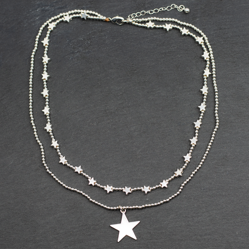 Silver Plate Double Strand Star Charm Necklace
