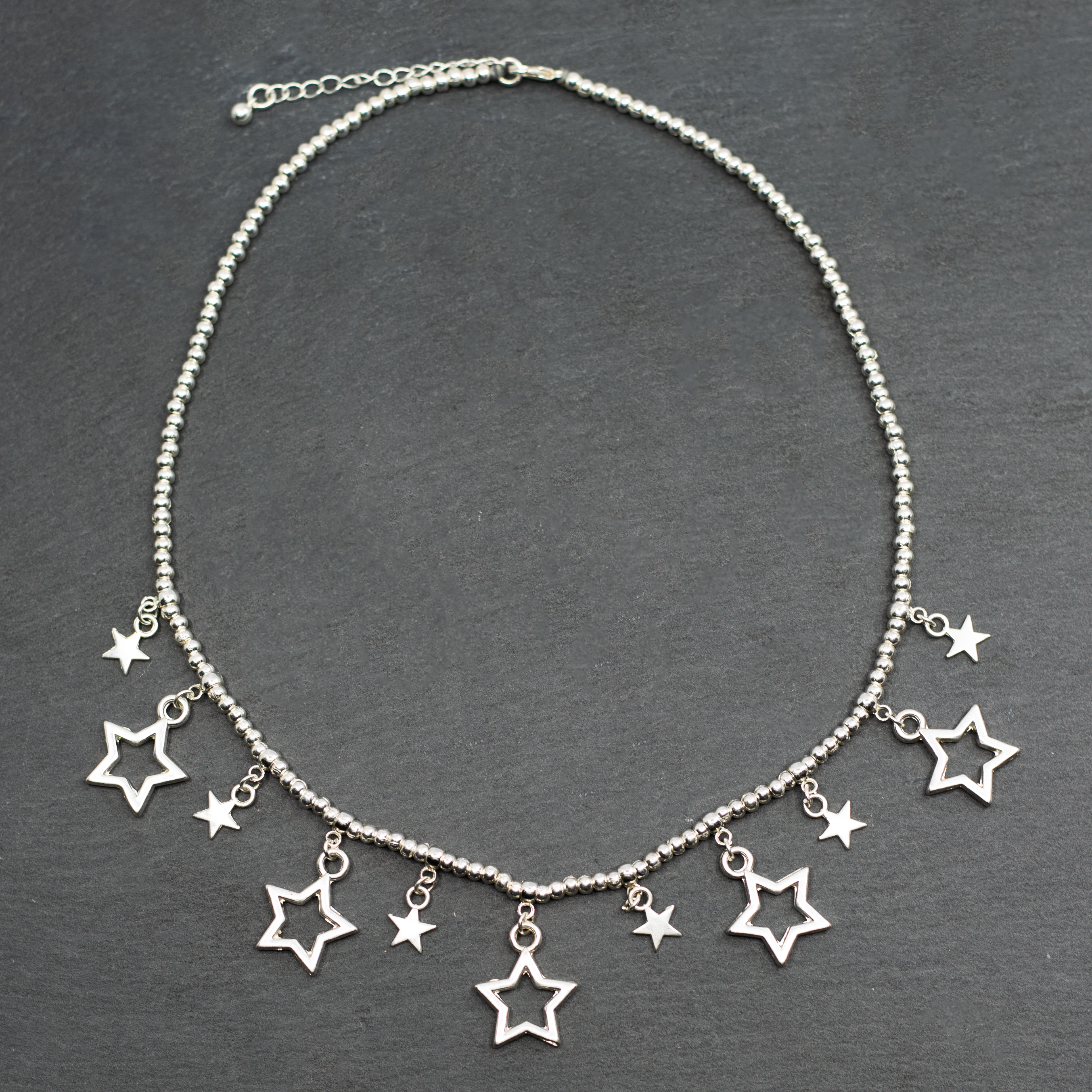 Silver Plate Short Charm Necklace With Drop Stars