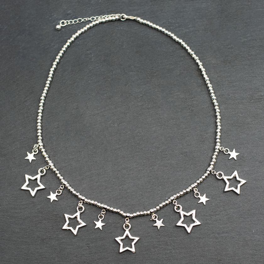 Silver Plate Short Charm Necklace With Drop Stars