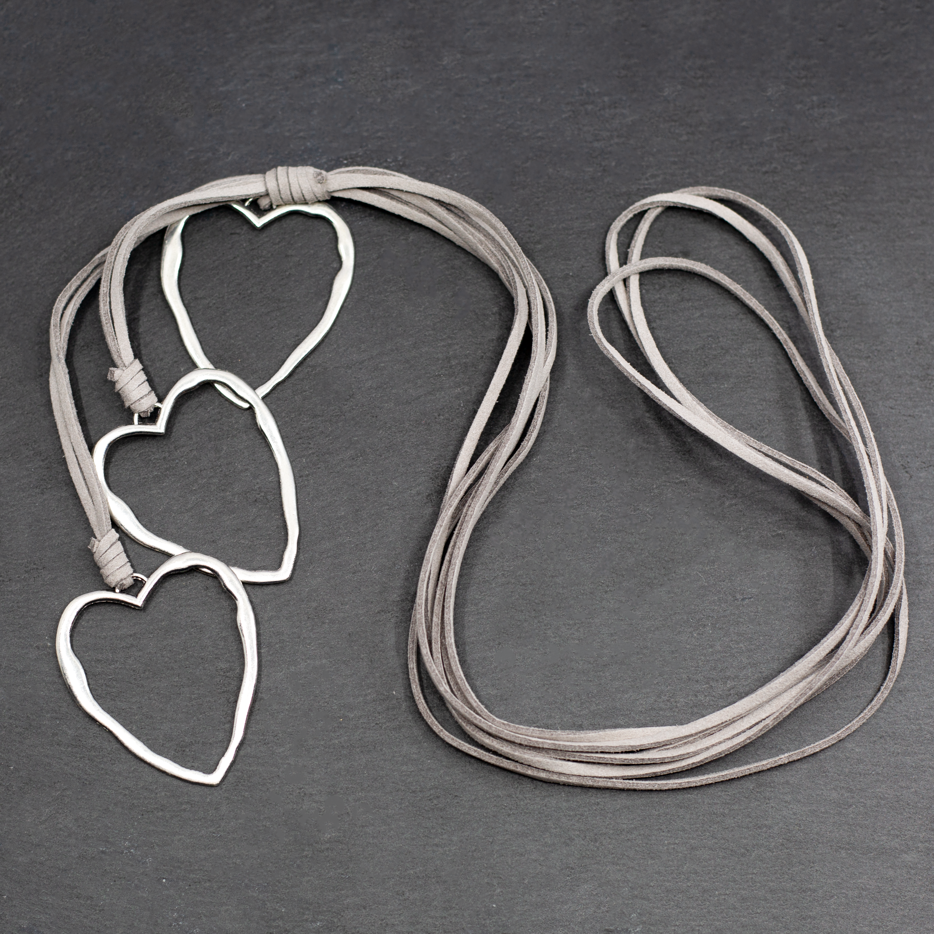 Triple Heart Necklace on Suede in Silver Plate