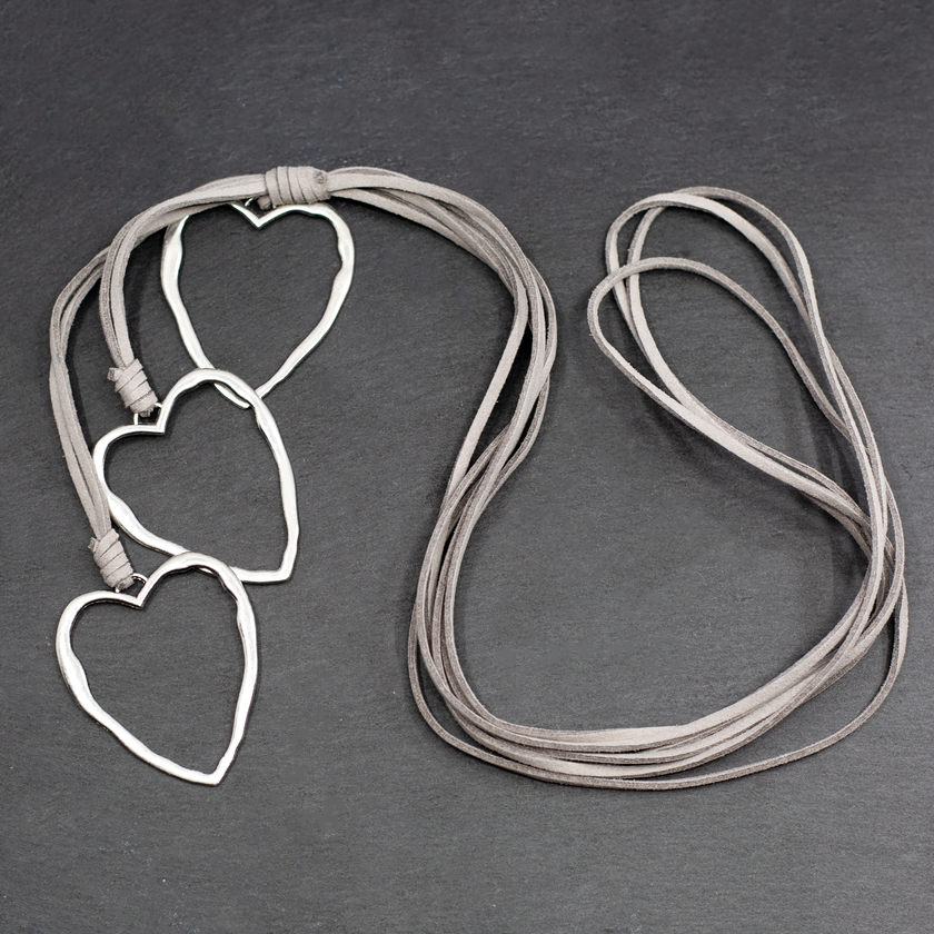 Triple Heart Necklace on Suede in Silver Plate