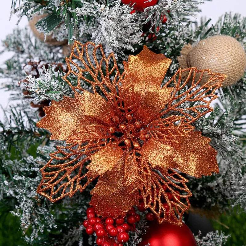 Glitter Artifical Christmas Flowers Christmas Tree Decorations For Home Fake Flowers Xmas Ornaments New Year Decor