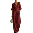 Women's Wide-Leg Jumpsuit High Waist Pleated Three-Quarter Sleeve Elegant Workwear