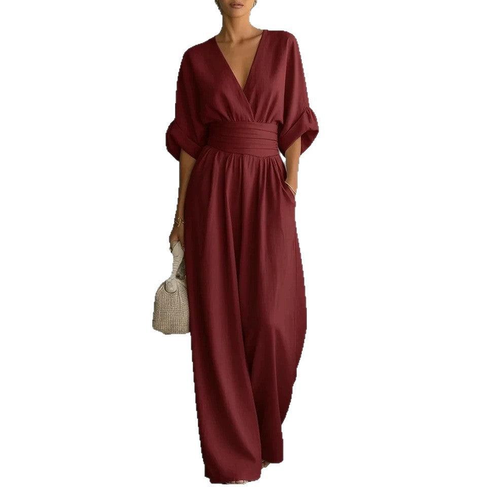 Women's Wide-Leg Jumpsuit High Waist Pleated Three-Quarter Sleeve Elegant Workwear