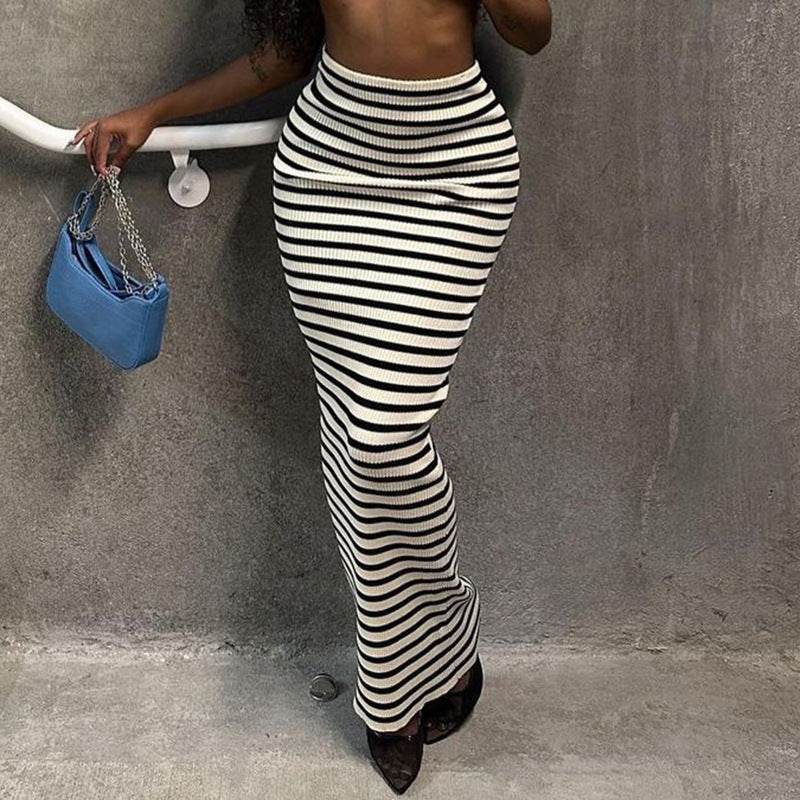 High-waisted Black And White Striped Straight Long Pencil Skirt