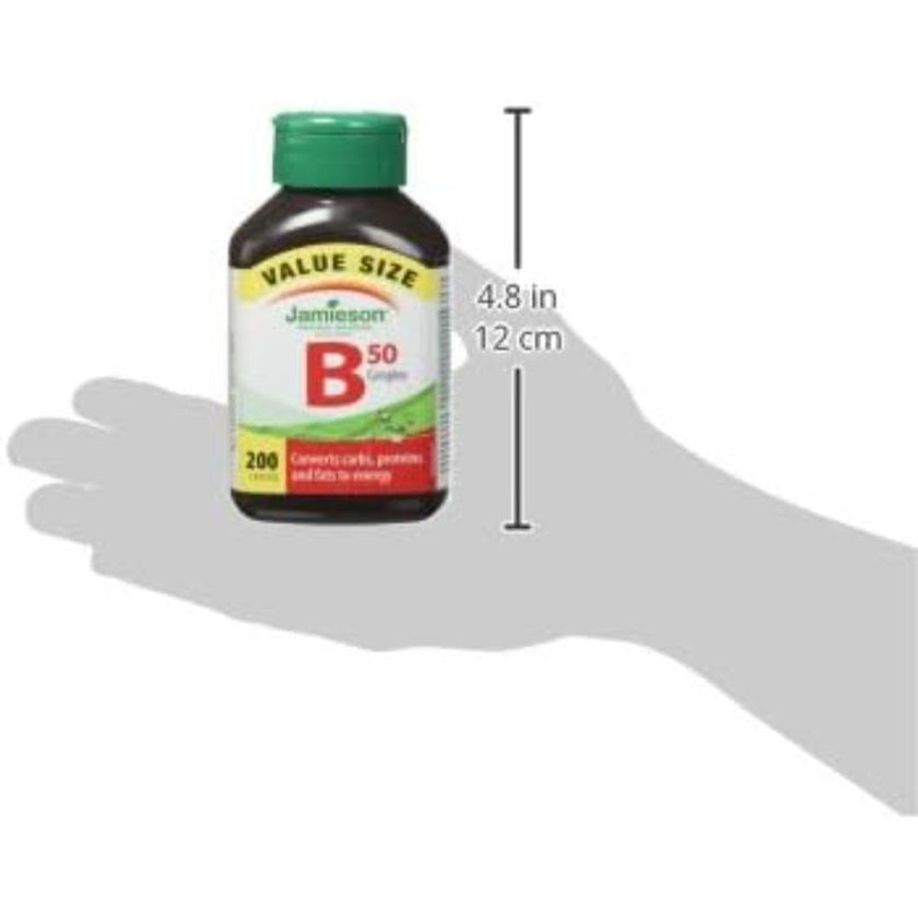 Jamieson Vitamin B50 Complex, Blend of 8 Essential B Vitamins, with Folate for Cellular Health, Supports Energy Production and Metabolism. Vegetarian, Non-GMO. Gluten-Free, Value Size, 200 Caplets, Proudly Canadian 🍁 All In One Marketplace Canada