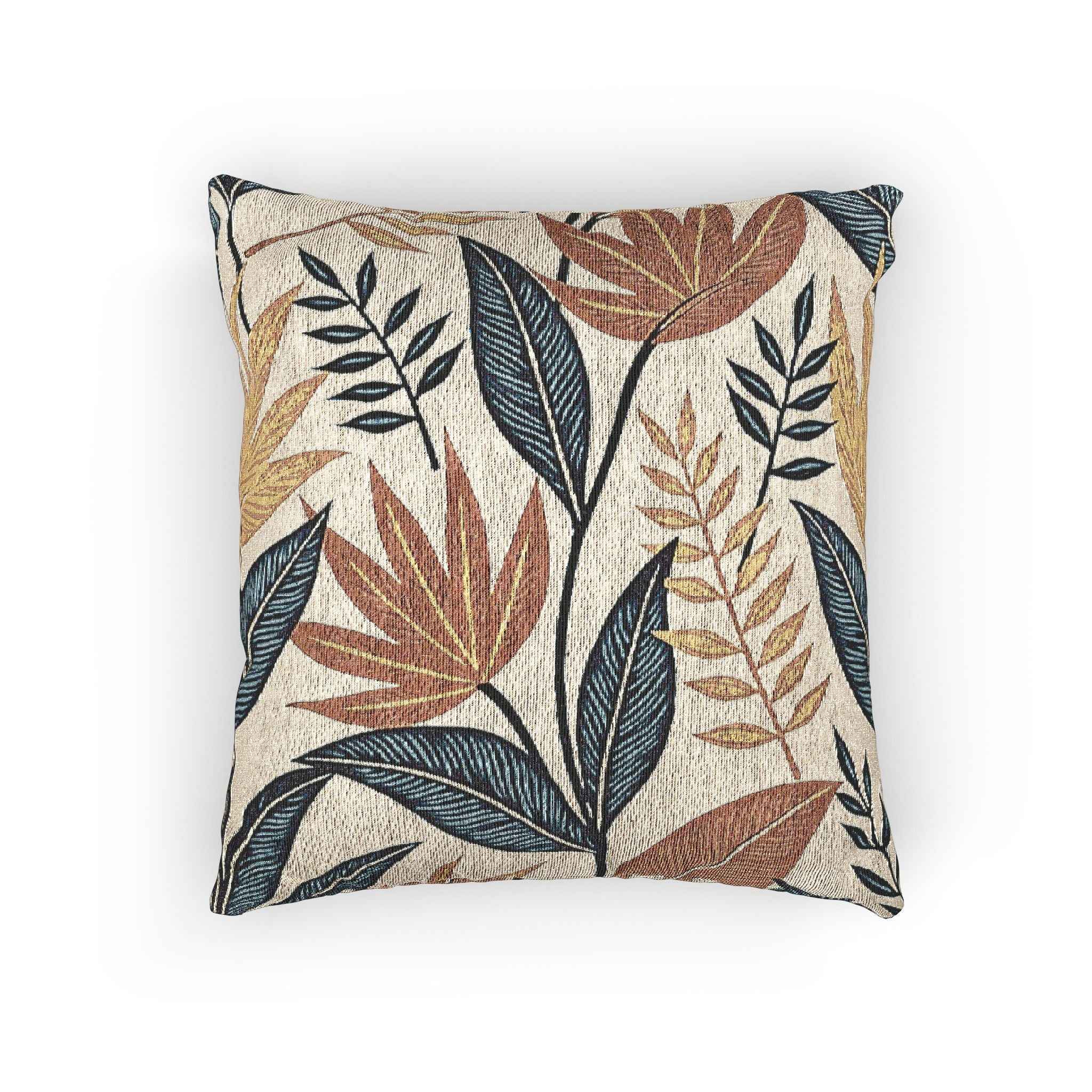 Tropical Leaf Pattern Woven Pillow | Botanical Throw Pillow, Neutral Blue Rust Design