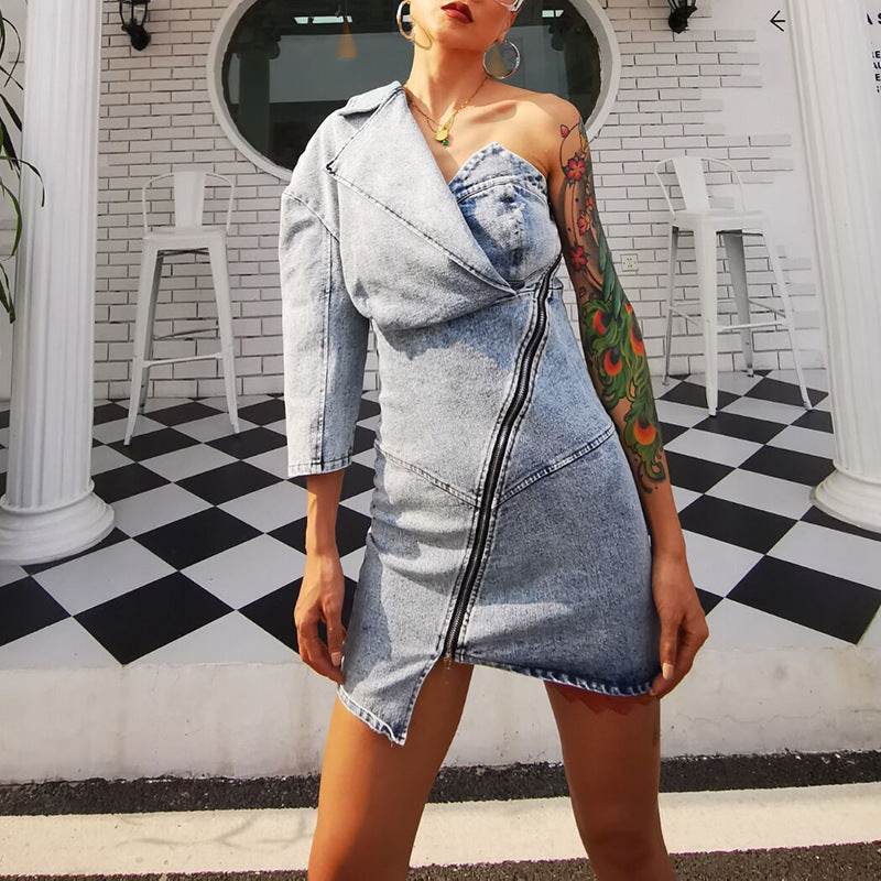 Street Fashion One shoulder Denim Mini Jeans hip dress