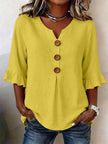 Summer Ruffled-Sleeve Top Loose Casual V-Neck Buttons Short-sleeved Shirts Women's Clothing