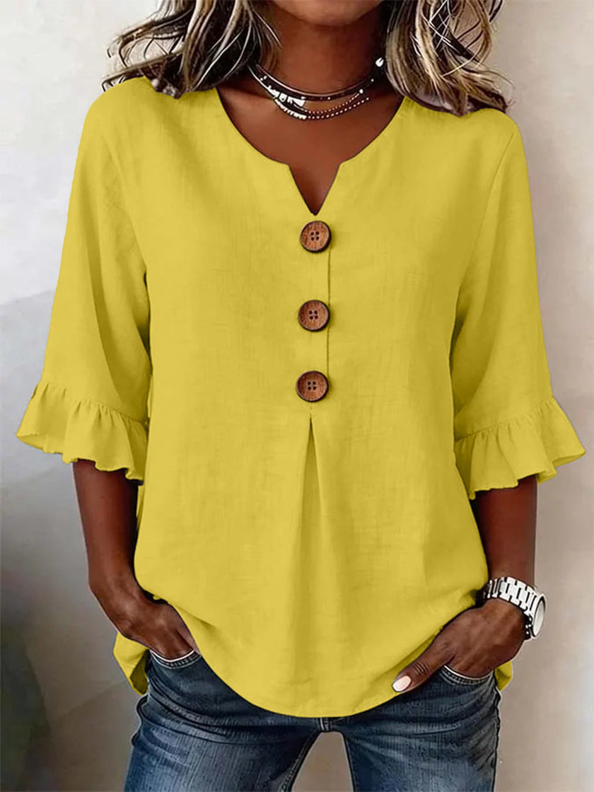 Summer Ruffled-Sleeve Top Loose Casual V-Neck Buttons Short-sleeved Shirts Women's Clothing
