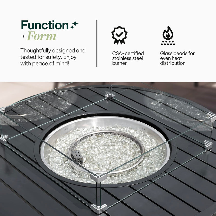 Propane FirePit Table: 50,000 BTU Aluminum Slat Top with Lid, Stainless Steel Burner, Windguard, 8KG Glass Beads, 300D PVC Cover, CSA-Listed