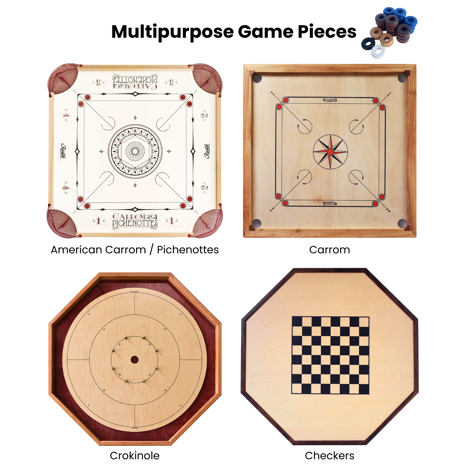 32 Blue and Walnut Carrom / Pichenotte / Croquignole Rings - (Blue / Walnut / Natural / Black / White) - Anneaux De Pichenottes - Game Accessories / Accessoires De Jeu