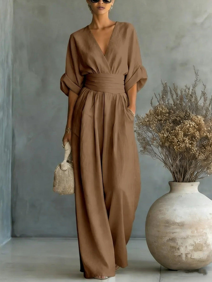 Women's Wide-Leg Jumpsuit High Waist Pleated Three-Quarter Sleeve Elegant Workwear