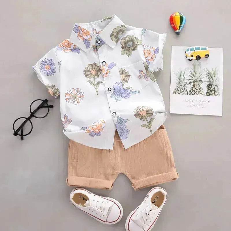 Summer  Flower Lapel Shirt Two-piece Set for boys Short sleeve shirt and short pant