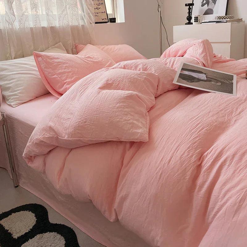 Solid Colour Sanding Washed Cotton 4-Piece Duvet Cover Bed Set