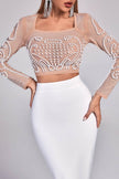 2-Piece Beaded Mesh Long-Sleeve Top and Midi Pencil Skirt Work Set